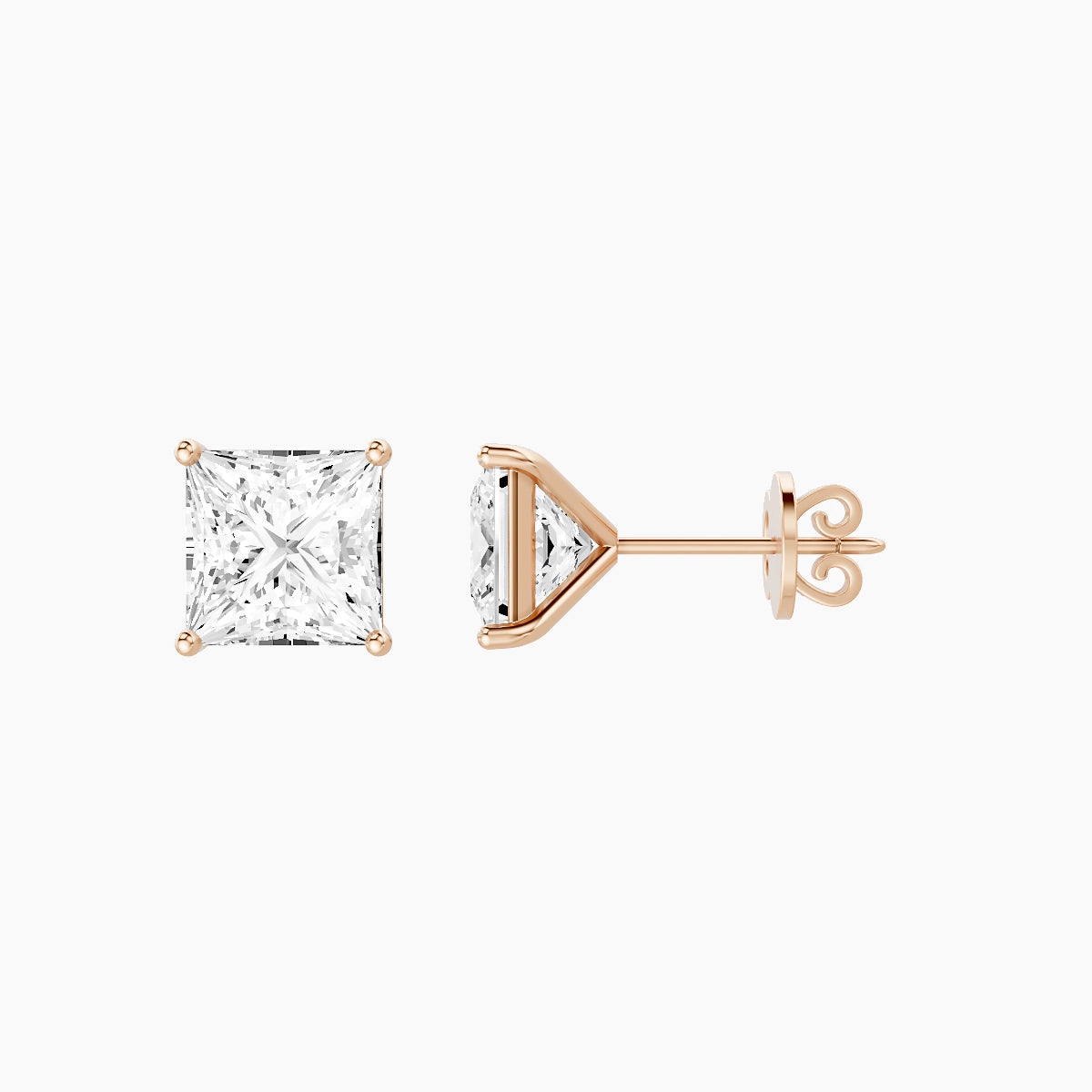 18k Rose Gold 3ct Princess White Lab Diamond Stud Earrings