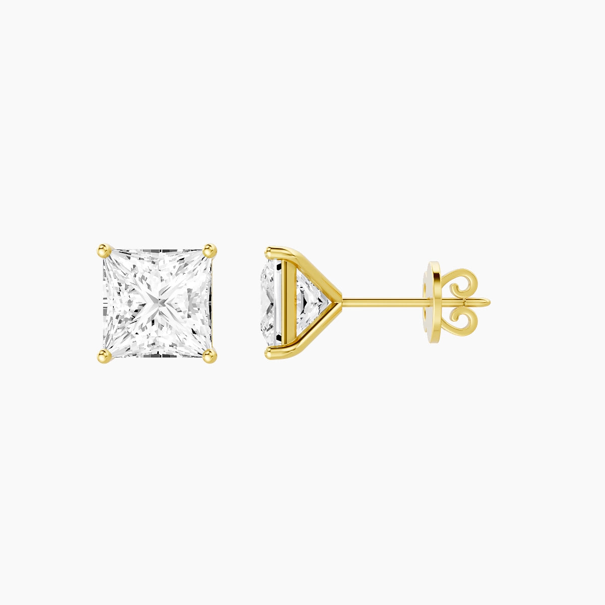 18k Yellow Gold 3ct Princess White Lab Diamond Stud Earrings