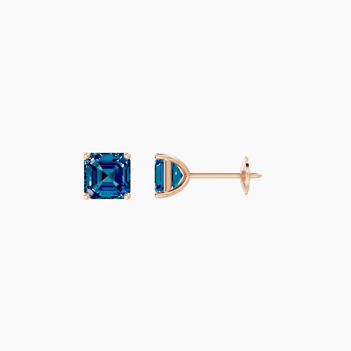 18k Rose Gold 1ct Asscher Blue Lab Diamond Stud Earrings