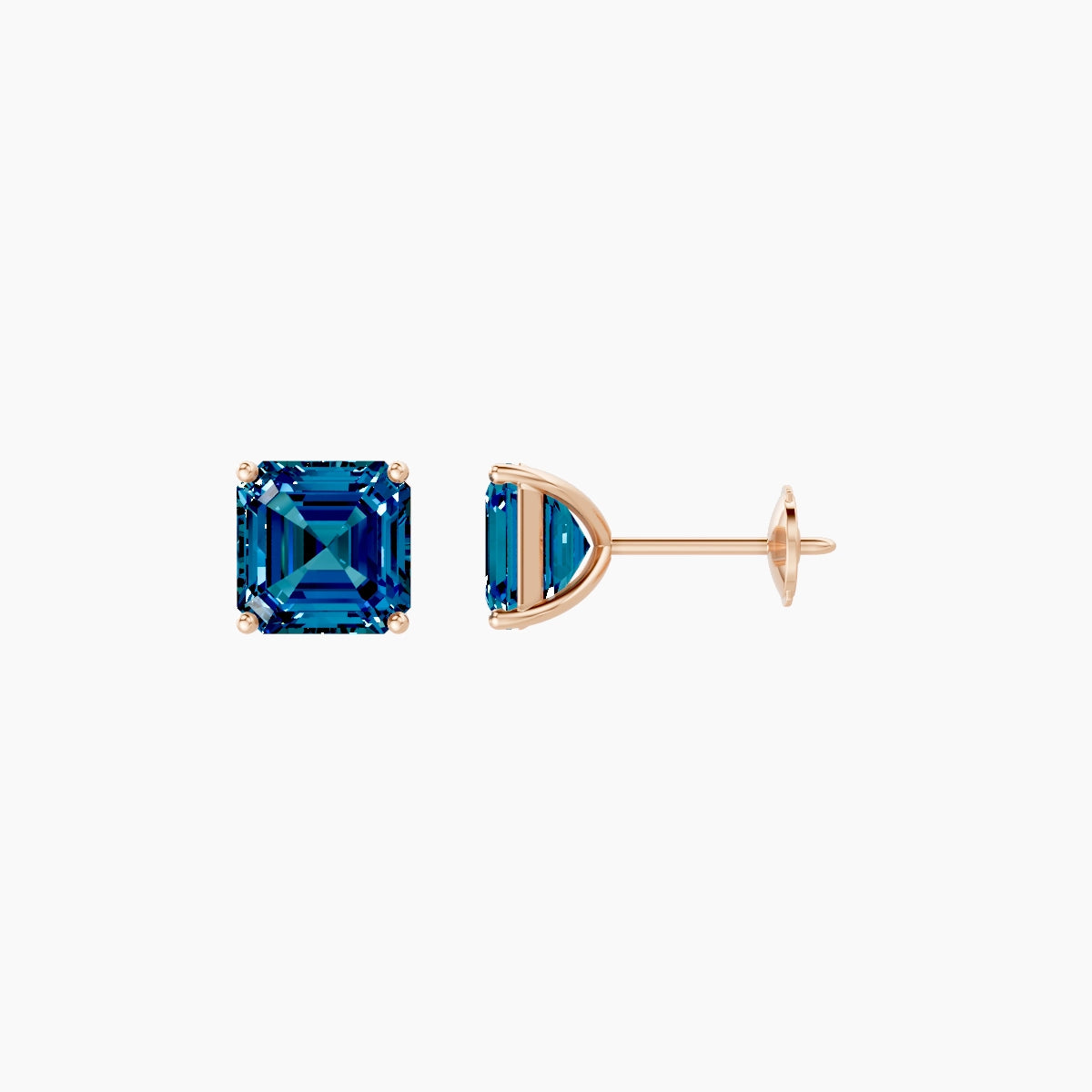 18k Rose Gold 2ct Asscher Blue Lab Diamond Stud Earrings