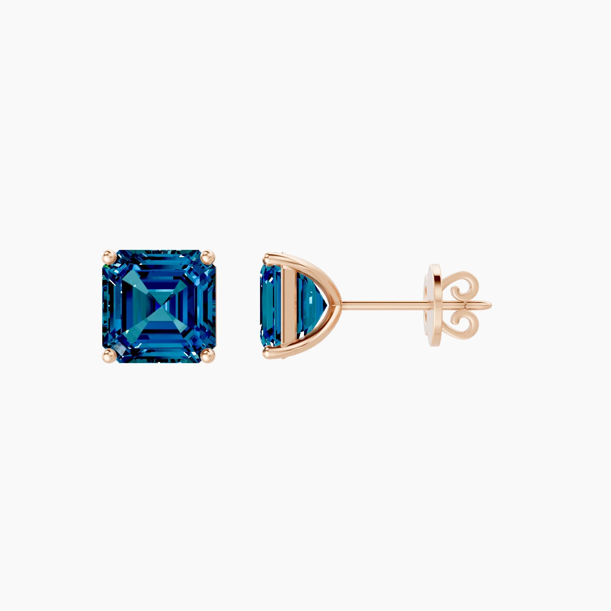 18k Rose Gold 3ct Asscher Blue Lab Diamond Stud Earrings