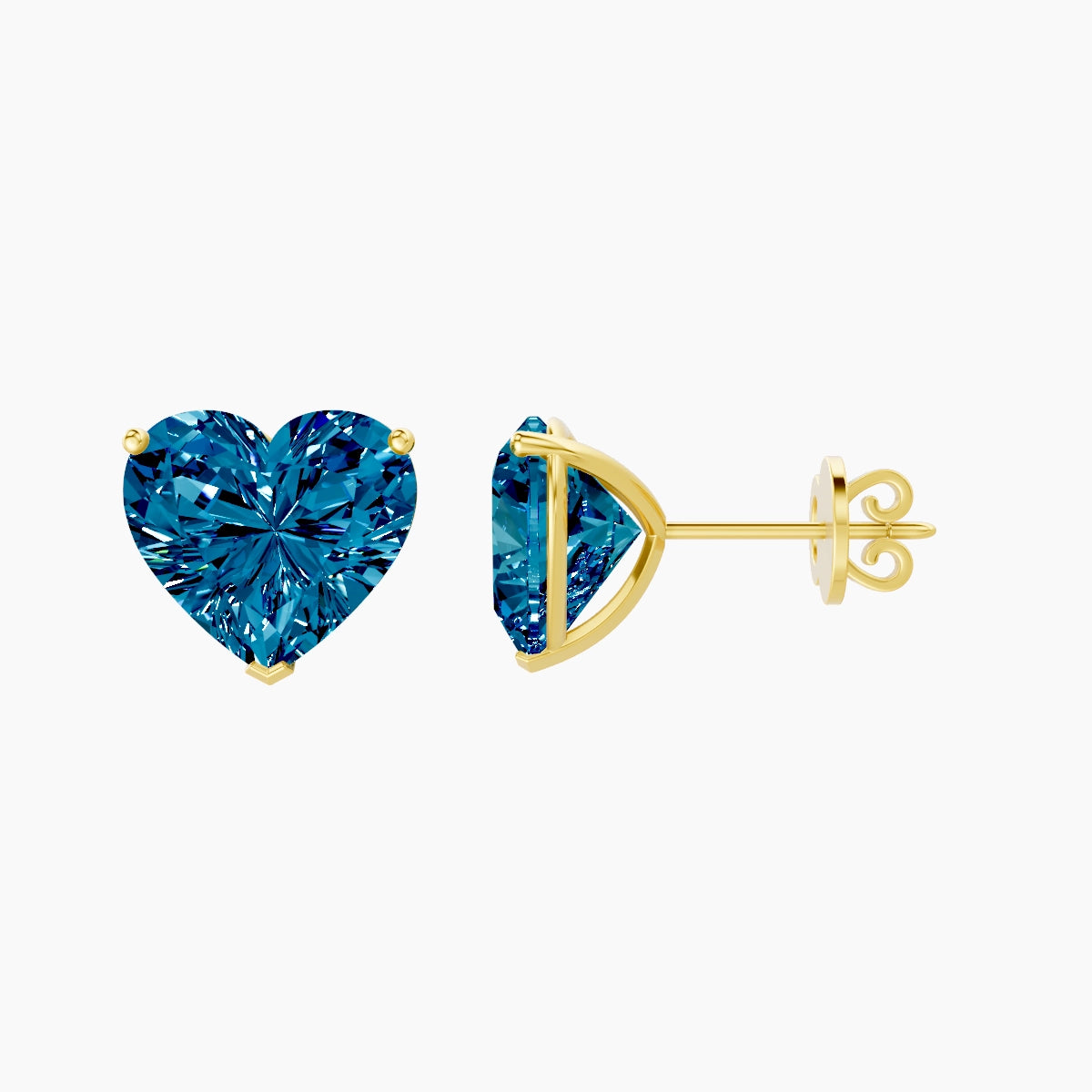 18k Yellow Gold 5ct Heart Blue Lab Diamond Stud Earrings