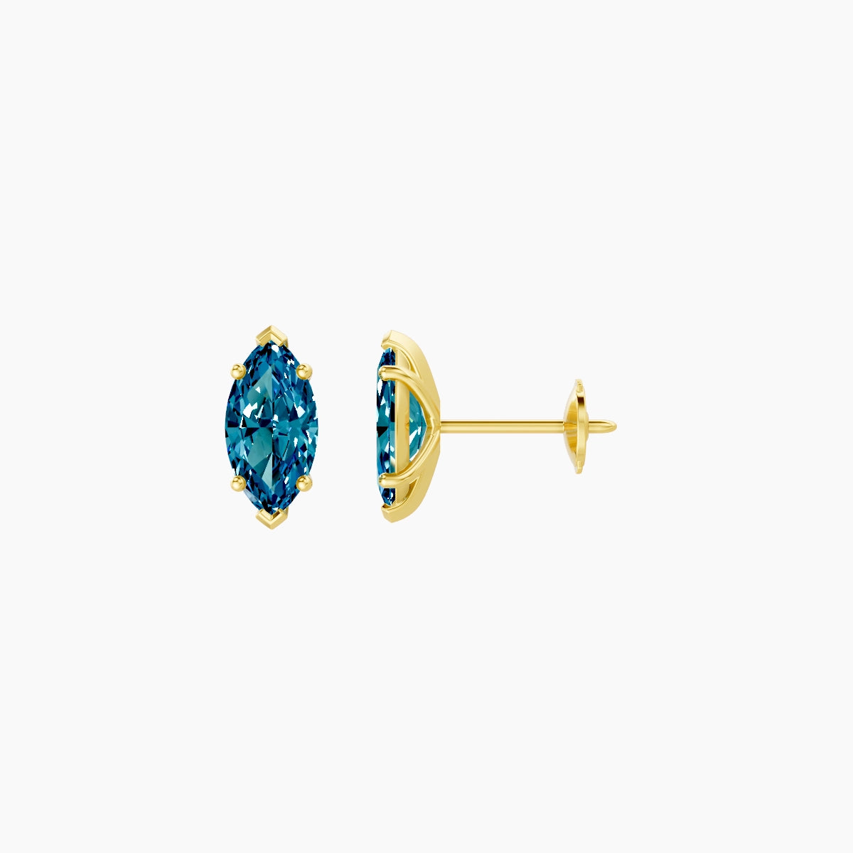 18k Yellow Gold 1ct Marquise Blue Lab Diamond Stud Earrings