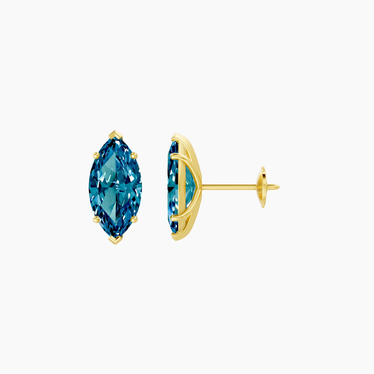 18k Yellow Gold 2ct Marquise Blue Lab Diamond Stud Earrings