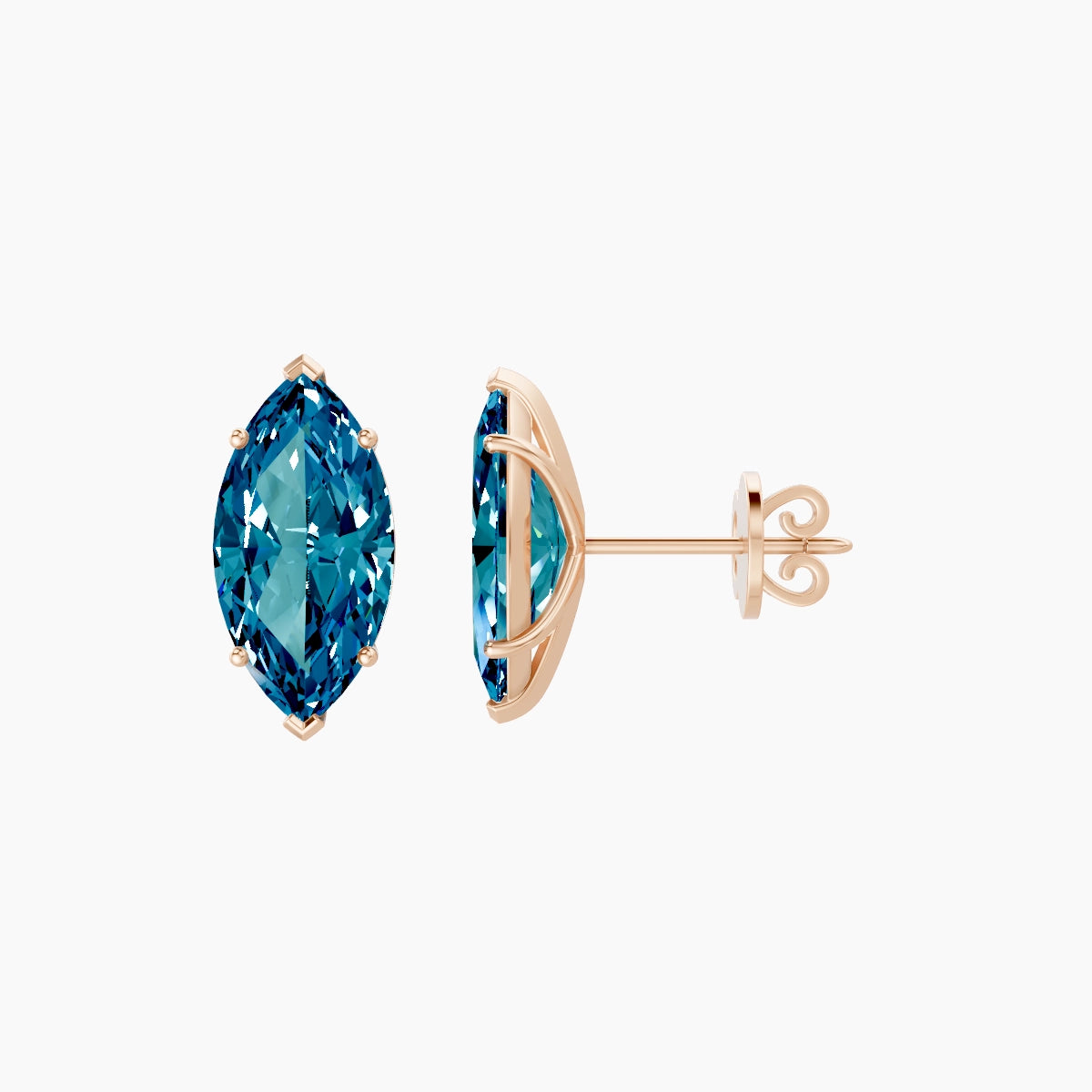 18k Rose Gold 3ct Marquise Blue Lab Diamond Stud Earrings