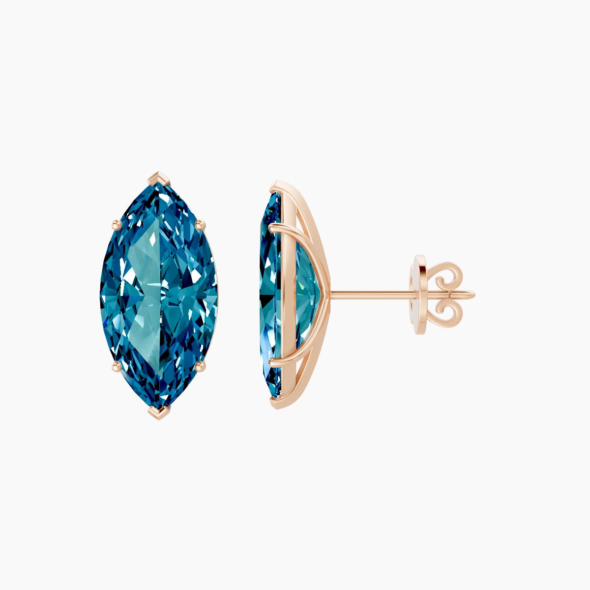 18k Rose Gold 5ct Marquise Blue Lab Diamond Stud Earrings