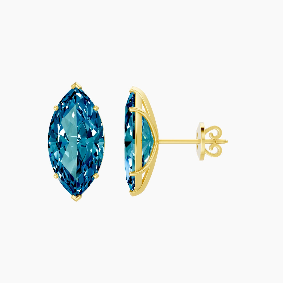 18k Yellow Gold 5ct Marquise Blue Lab Diamond Stud Earrings