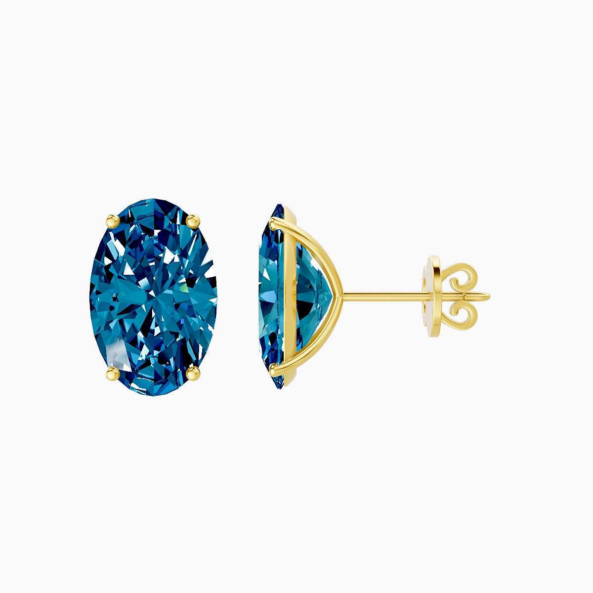 18k Yellow Gold 5ct Oval Blue Lab Diamond Stud Earrings