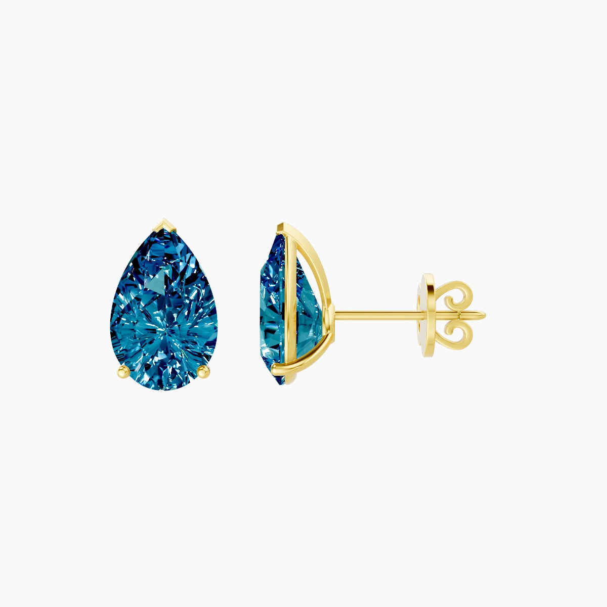 18k Yellow Gold 3ct Pear Blue Lab Diamond Stud Earrings