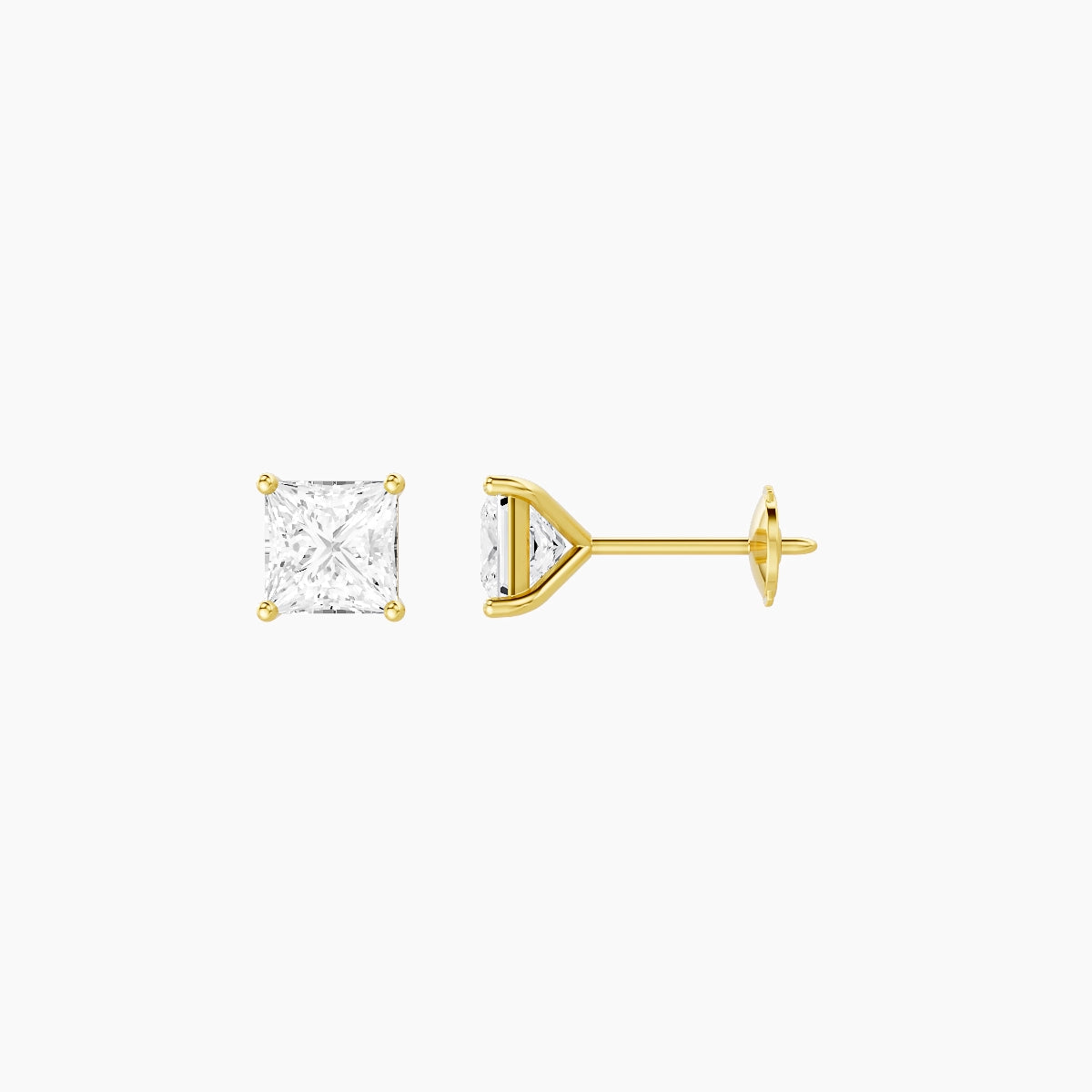 18k Yellow Gold 1ct Princess White Lab Diamond Stud Earrings