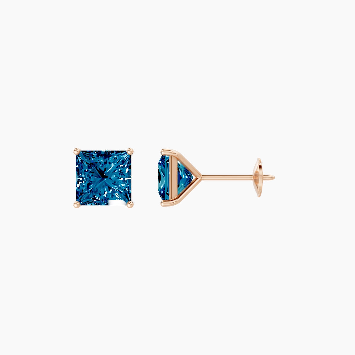 18k Rose Gold 2ct Princess Blue Lab Diamond Stud Earrings