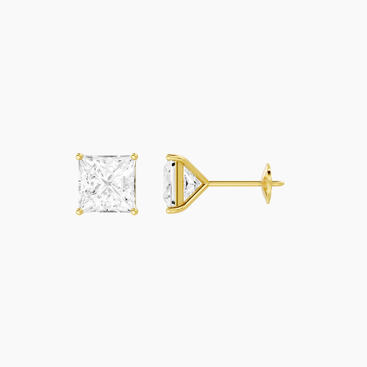 18k Yellow Gold 2ct Princess White Lab Diamond Stud Earrings
