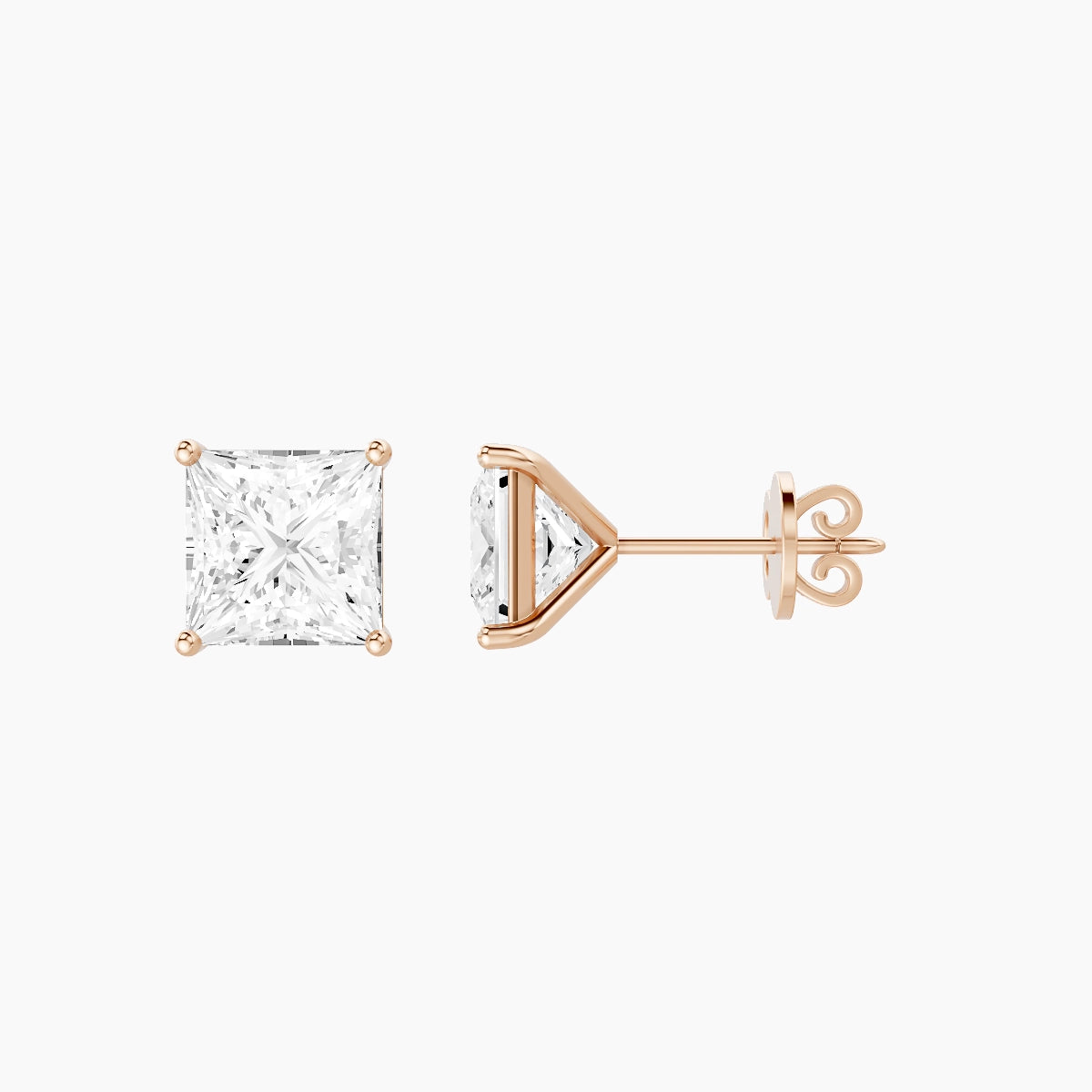 18k Rose Gold 3ct Princess White Lab Diamond Stud Earrings