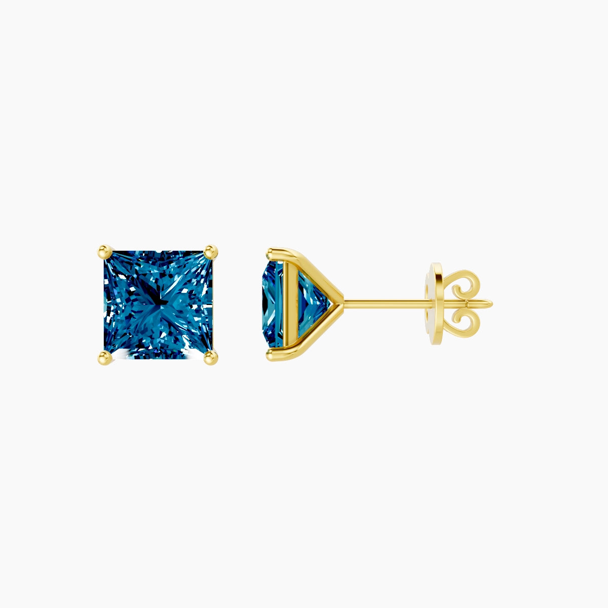 18k Yellow Gold 3ct Princess Blue Lab Diamond Stud Earrings