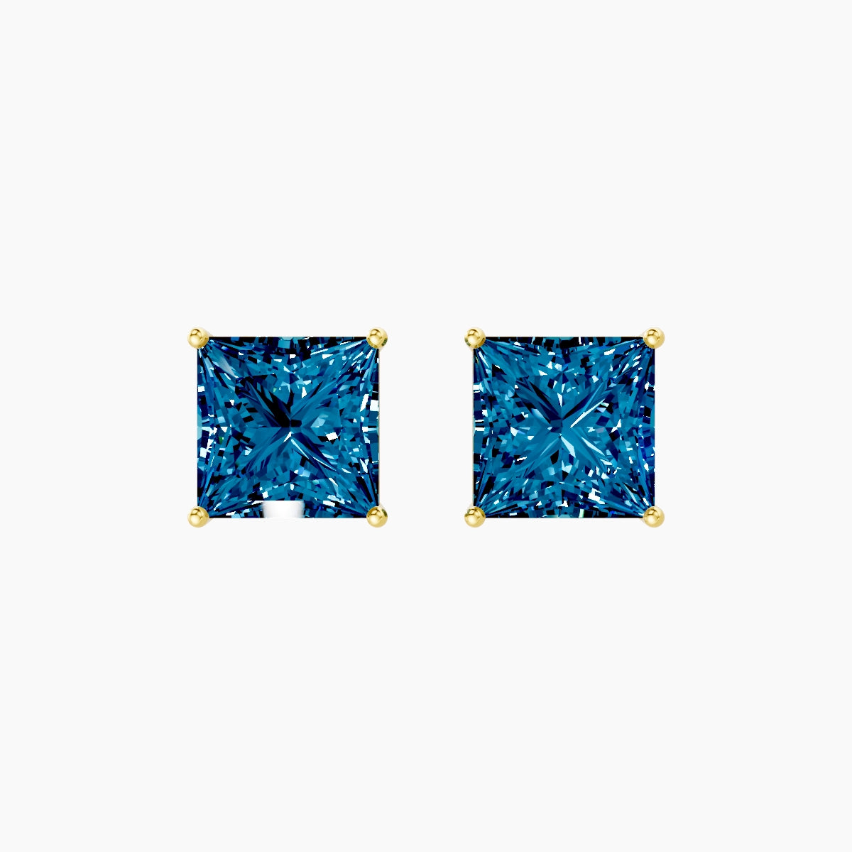 18k Yellow Gold 5ct Princess Blue Lab Diamond Stud Earrings