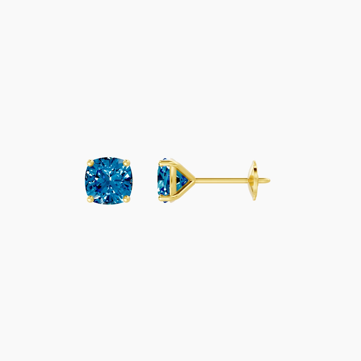 18k Yellow Gold 1ct Square Cushion Blue Lab Diamond Stud Earrings