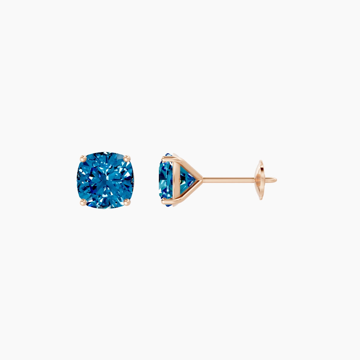 18k Rose Gold 2ct Square Cushion Blue Lab Diamond Stud Earrings