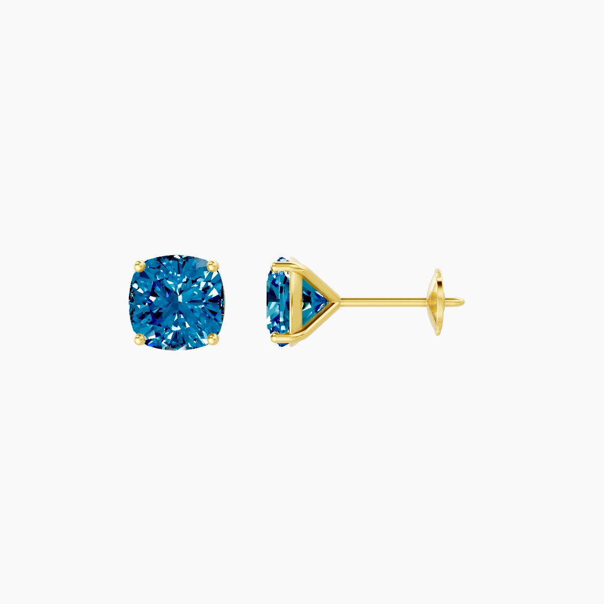 18k Yellow Gold 2ct Square Cushion Blue Lab Diamond Stud Earrings