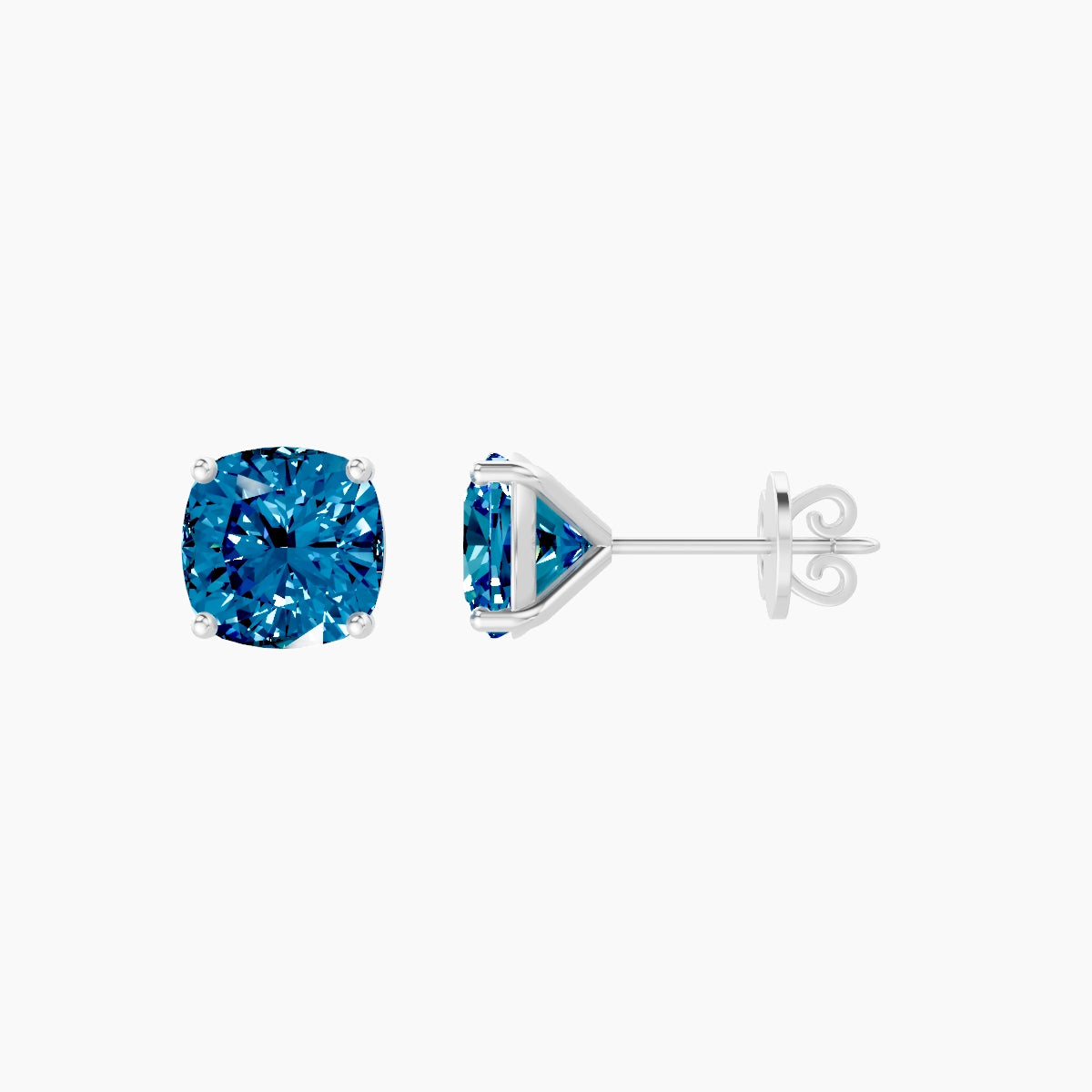 18k White Gold 3ct Square Cushion Blue Lab Diamond Stud Earrings