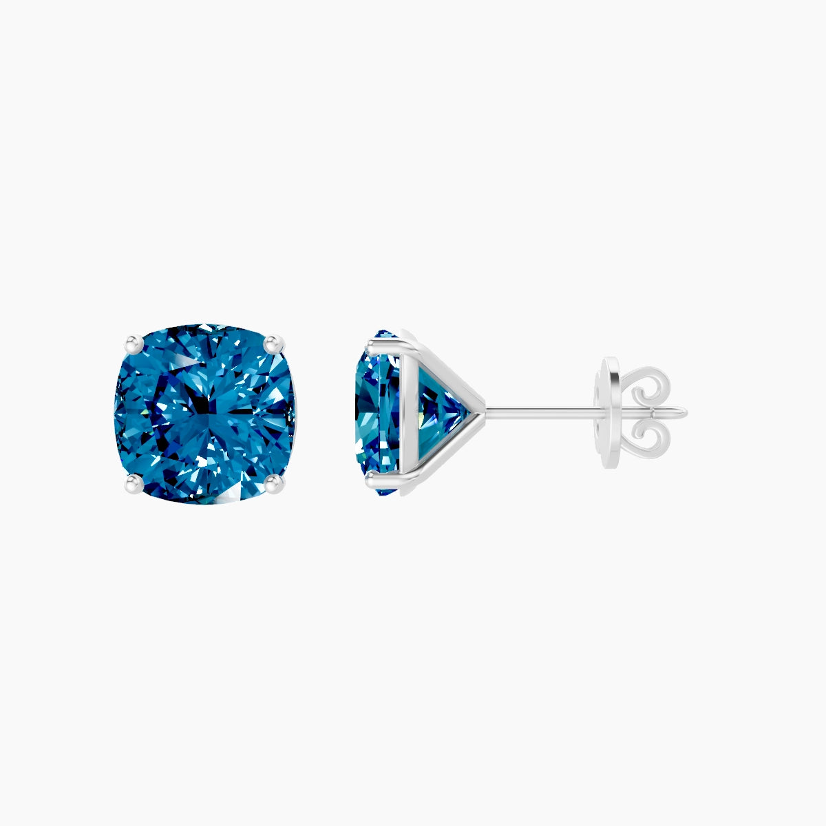 18k White Gold 5ct Square Cushion Blue Lab Diamond Stud Earrings