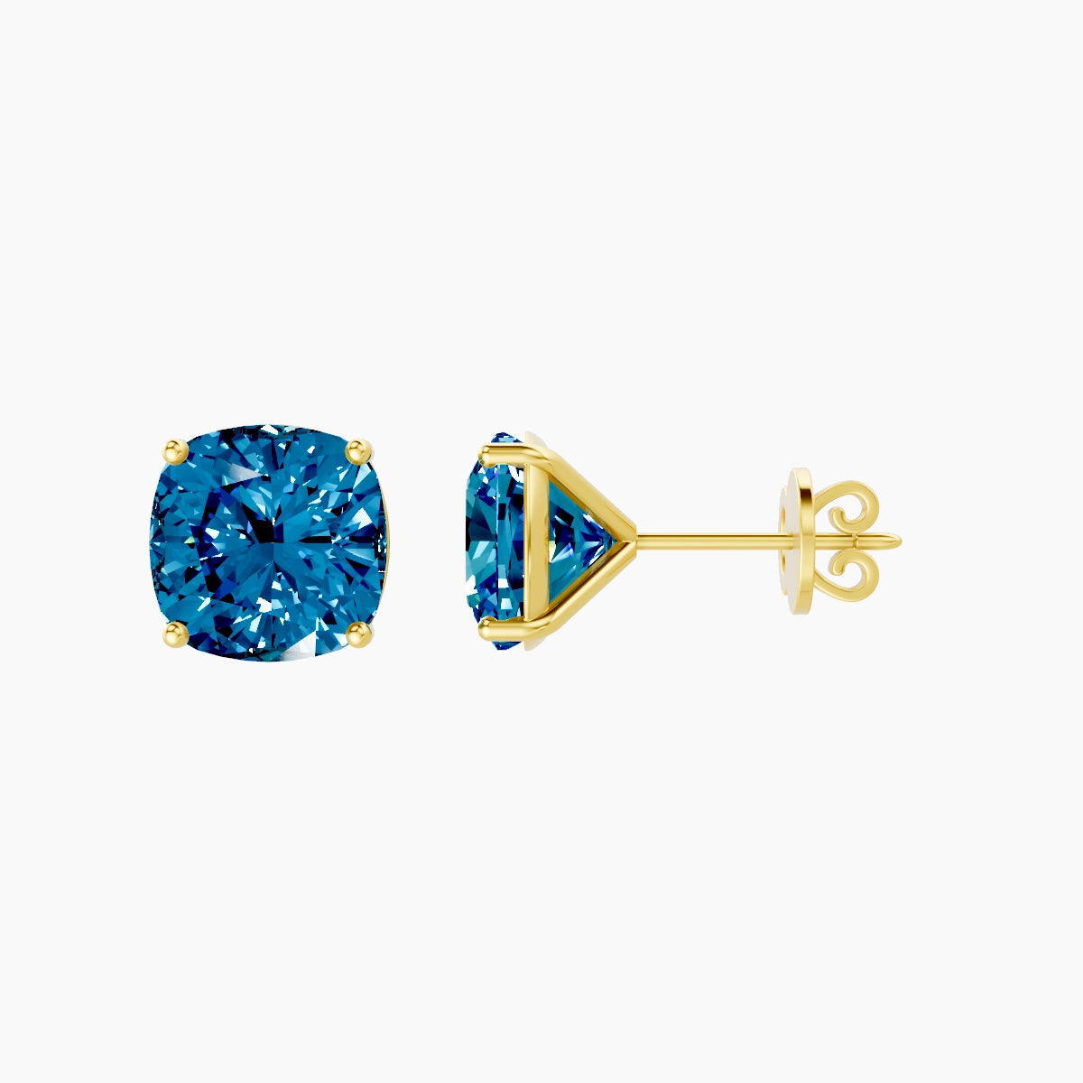 18k Yellow Gold 5ct Square Cushion Blue Lab Diamond Stud Earrings