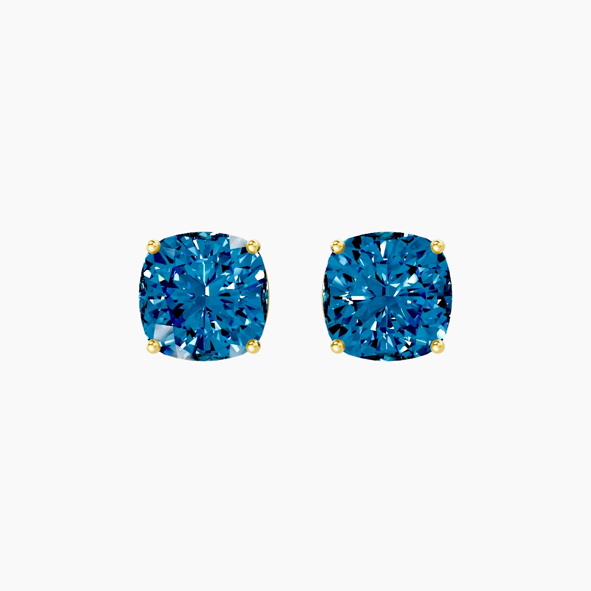 18k Yellow Gold 5ct Square Cushion Blue Lab Diamond Stud Earrings